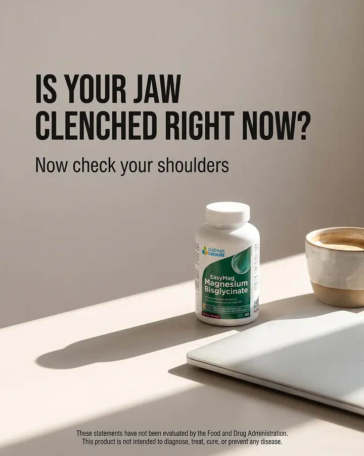 Ad for a magnesium supplement. Headline: Is your jaw clenched right now? Now check your shoulders. The bottle sits on a sunlit desk beside a coffee cup and a closed laptop.